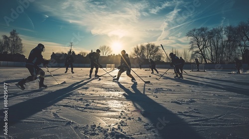 A group of kids playing hockey on an outdoor rink at sunset, their silhouettes and shadows cast long on the ice. The scene captures the essence of winter and sportsmanship.