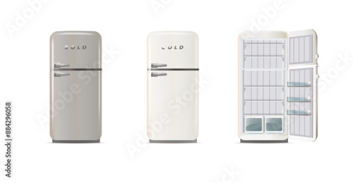 Modern fridges. Realistic coolers, refrigerators for home or restaurant kitchen and cold products storage. 3d Vector