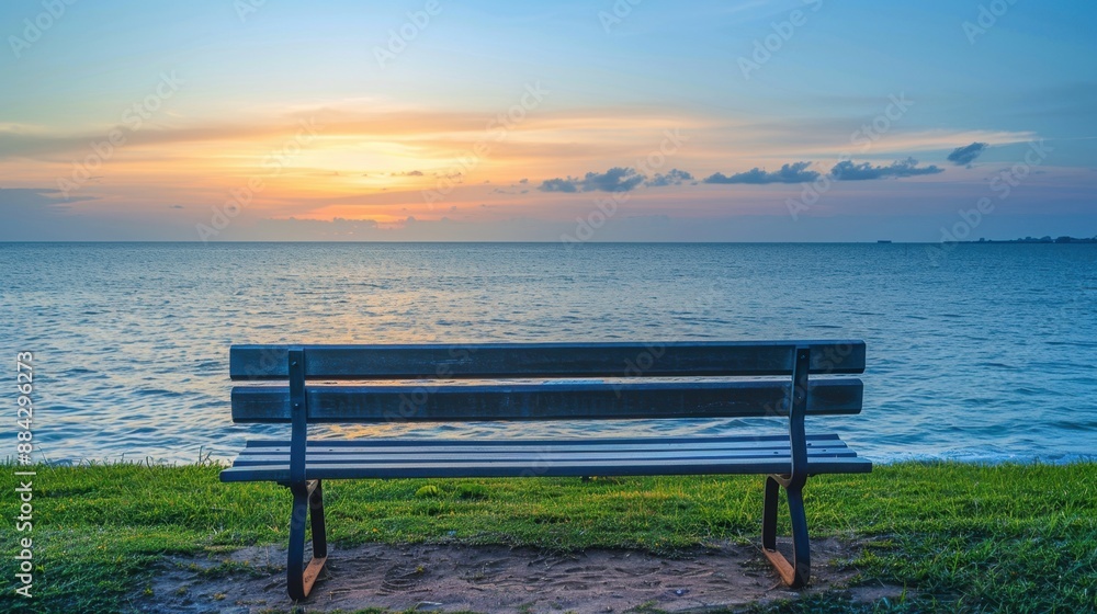 Empty wooden park bench facing calm ocean with sunset, symbolizing retirement and peaceful future planning. Empty wooden park bench facing calm ocean with sunset, symbolizing retirement and peaceful future planning.