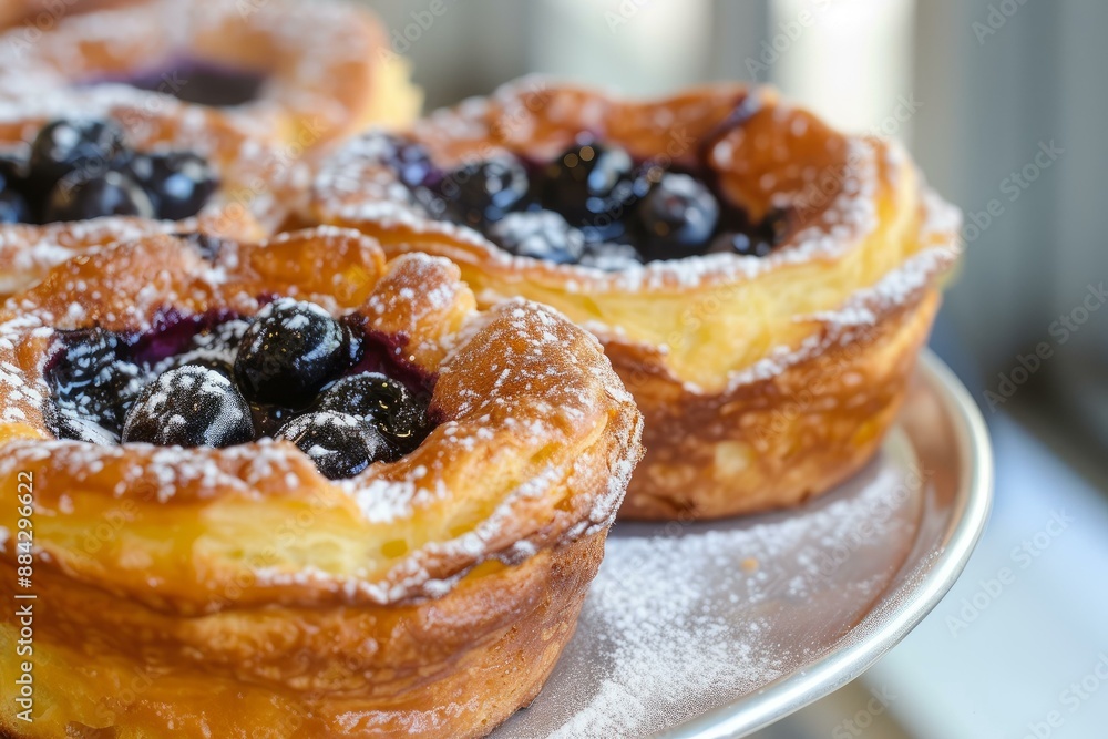 Close-up of delicious danish pastries topped with juicy berries and powdered sugar Close-up of delicious danish pastries topped with juicy berries and powdered sugar