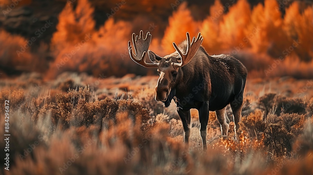 Fototapeta premium A powerful moose stands among the rich and vivid autumn foliage of the woods, bringing to life the vibrant colors and serene wilderness of the fall season in a picturesque scene.