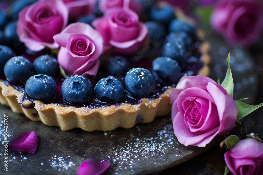 Close-up of a delicious tartlet with fresh blueberries and decorative roses, perfect for high tea Close-up of a delicious tartlet with fresh blueberries and decorative roses, perfect for high tea