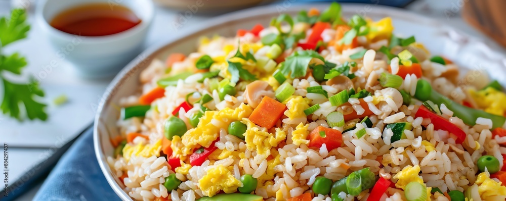 fried rice with omelette, soy sauce, colorful vegetables, cozy kitchen, gourmet presentation, mouth-watering meal, natural light fried rice with omelette, soy sauce, colorful vegetables, cozy kitchen, gourmet presentation, mouth-watering meal, natural light