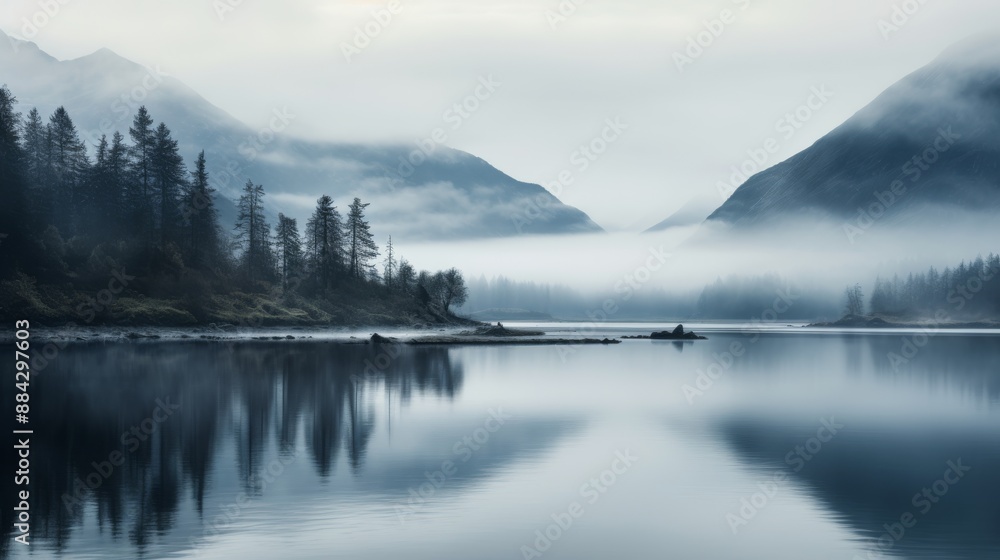 Fototapeta premium Foggy lake with distant mountains, quiet setting, muted dawn light