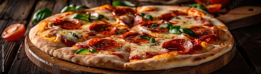 Delicious pepperoni pizza with fresh basil on a wooden board. A mouthwatering meal for any pizza lover, perfect for food blogs and advertisements. Delicious pepperoni pizza with fresh basil on a wooden board. A mouthwatering meal for any pizza lover, perfect for food blogs and advertisements.