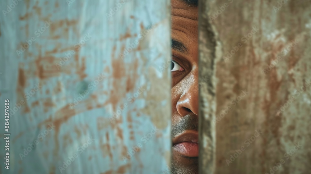 A partial view of a person looking through a crack in a wooden surface, with rough texture and signs of wear, evoking feelings of secrecy and anticipation. A partial view of a person looking through a crack in a wooden surface, with rough texture and signs of wear, evoking feelings of secrecy and anticipation.