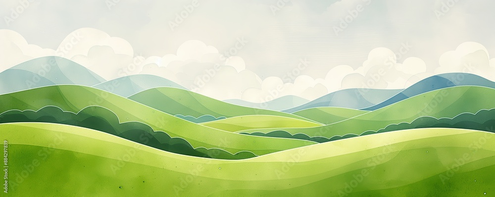 Rolling hills, scattered clouds, vibrant greens, minimal Watercolor style Rolling hills, scattered clouds, vibrant greens, minimal Watercolor style