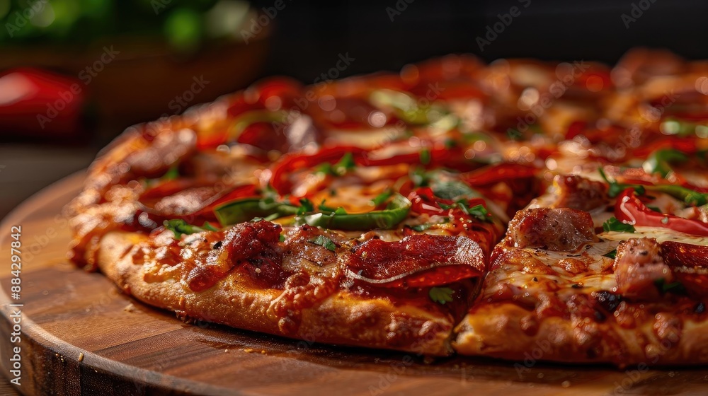 Close-up of a delicious pepperoni pizza with fresh herbs and vibrant red peppers on a wooden board, ready to be served. Close-up of a delicious pepperoni pizza with fresh herbs and vibrant red peppers on a wooden board, ready to be served.
