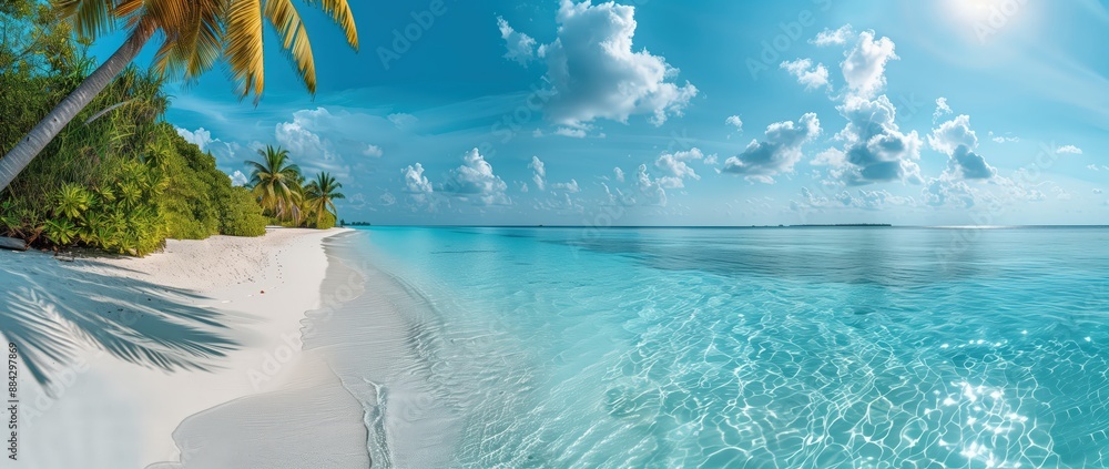 Obraz premium Beautiful tropical beach with palm trees and turquoise water in the style of the Maldives island panorama banner