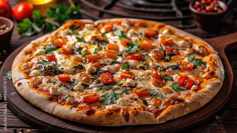 Delicious fresh pizza with various toppings, baked to perfection and ready to serve. Perfect for pizza lovers and food enthusiasts. Delicious fresh pizza with various toppings, baked to perfection and ready to serve. Perfect for pizza lovers and food enthusiasts.
