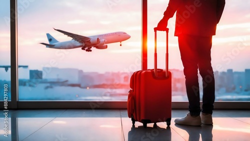 Silhouette of a person traveler with luggage walks towards an airplane against a stunning sunset blurred backdrop adventure, waiting for the flight, suitcases in airport, travel concept idea