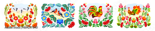 
Set of Petrykivka painting in a cartoon style. Vector illustration of different birds among viburnum, flowers, leaves isolated on white background. Seasons: autumn, winter, spring, summer. 
