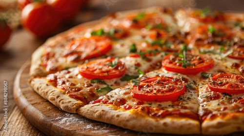 Delicious fresh pizza topped with tomatoes, cheese, and herbs on a wooden board, ready to be enjoyed at a cozy meal.