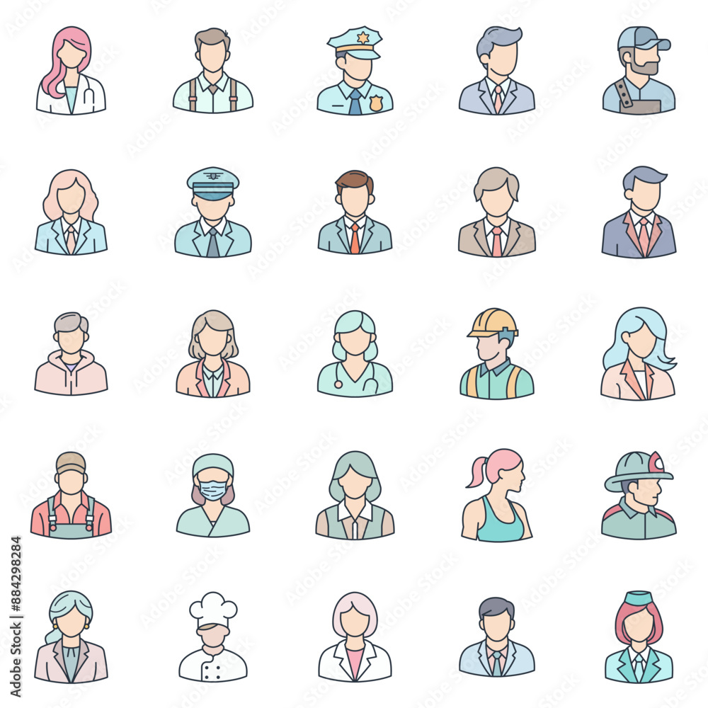 Different professions avatars icons set, Included icons as accountant, chef, teacher, doctor and more symbols collection, logo isolated vector illustration Different professions avatars icons set, Included icons as accountant, chef, teacher, doctor and more symbols collection, logo isolated vector illustration