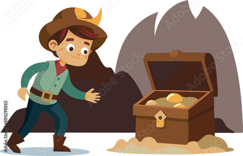 Illustration of a young prospector finding a treasure chest filled with gold coins in a cave.