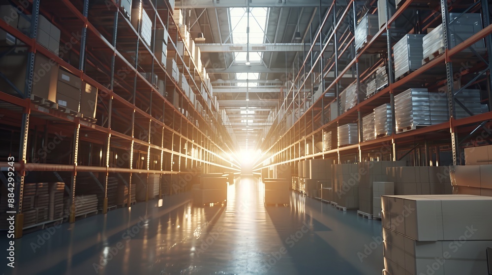 Obraz premium A warehouse aisle filled with boxes and products bathed in golden sunlight at sunset, highlighting the symmetry and creating a mesmerizing play of light and shadows.