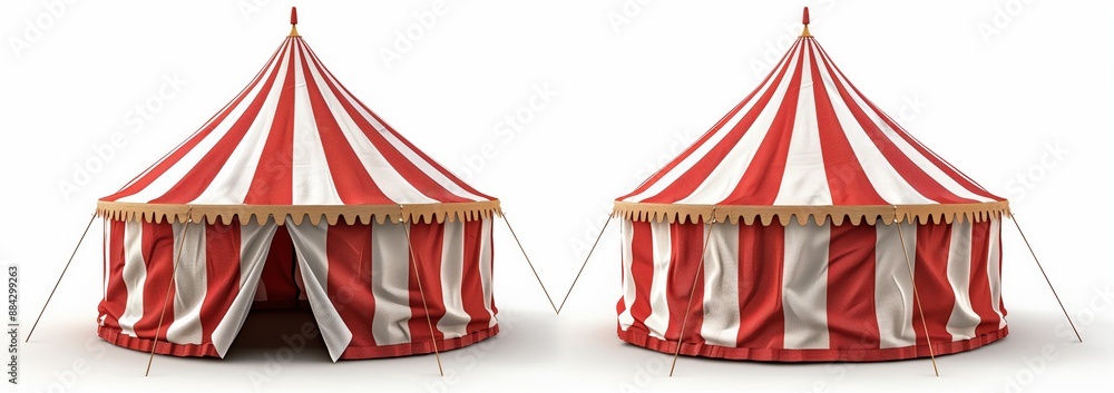 Circus tent, front view and side view, red white striped fabric with ...