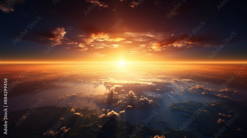 Fototapeta premium Golden sunrise casting light over Earth's surface from space