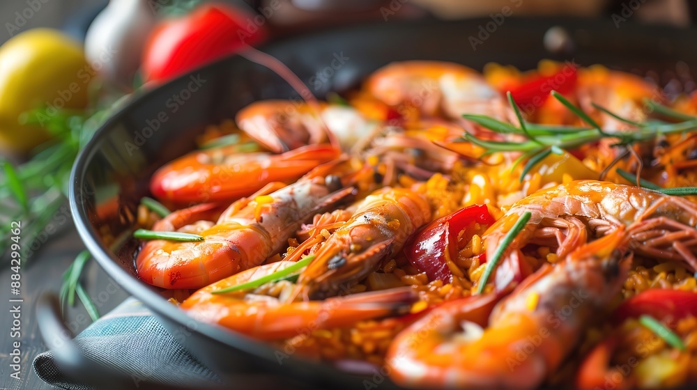 Glorious Authentic Spanish paella with Ibiza red prawns, featuring seafood from the renowned Glorious Authentic Spanish paella with Ibiza red prawns, featuring seafood from the renowned