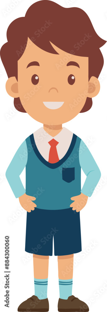 Cute cartoon boy standing with hands on hips, wearing a blue school uniform and smiling. Perfect for educational and childhood themes. Cute cartoon boy standing with hands on hips, wearing a blue school uniform and smiling. Perfect for educational and childhood themes.