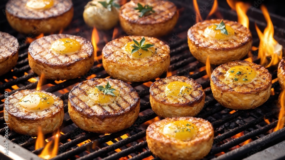 A grill with food, golden sunset, highly detailed, bokeh background A grill with food, golden sunset, highly detailed, bokeh background