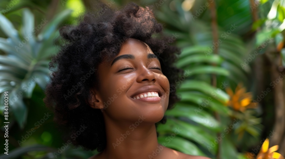 Happy black woman with a peaceful smile amidst a backdrop of vibrant tropical foliage and natural light Happy black woman with a peaceful smile amidst a backdrop of vibrant tropical foliage and natural light