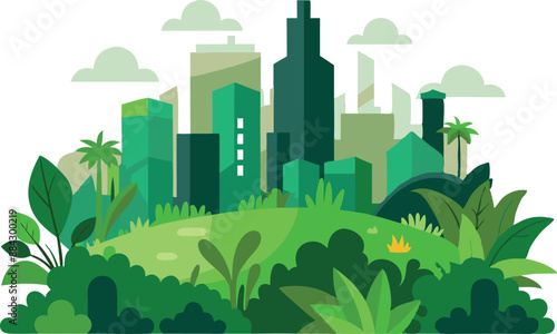 Illustration of a green cityscape enveloped by lush plants and trees, emphasizing environmental sustainability and eco-friendly urban life.