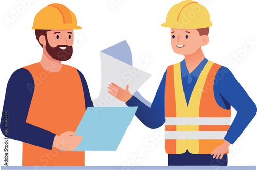 Two construction workers discuss project plans while wearing safety helmets and vests. They review documents and communicate efficiently.