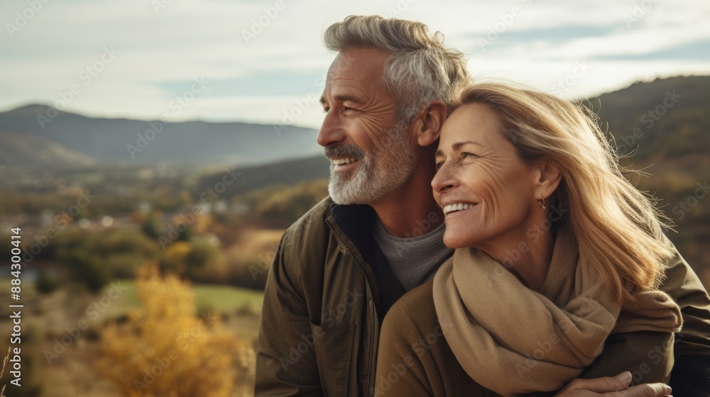Happy mature caucasian couple hugging each other in a scenic mountain view Happy mature caucasian couple hugging each other in a scenic mountain view