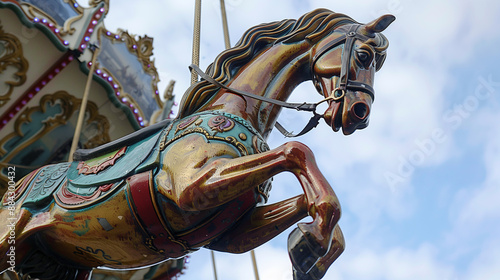 Vintage carousel horse against a cloudy sky.