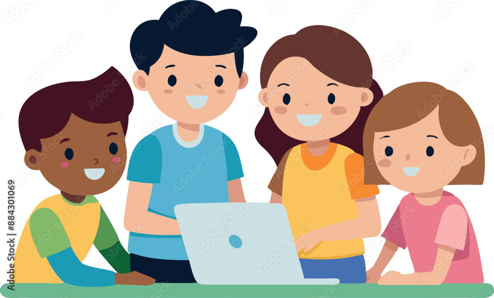 Group of happy children smiling while using a laptop together. Perfect for concepts of learning, friendship, and teamwork. Group of happy children smiling while using a laptop together. Perfect for concepts of learning, friendship, and teamwork.