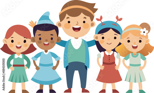 Colorful cartoon illustration of a group of happy, diverse kids in costumes, standing together and smiling cheerfully.