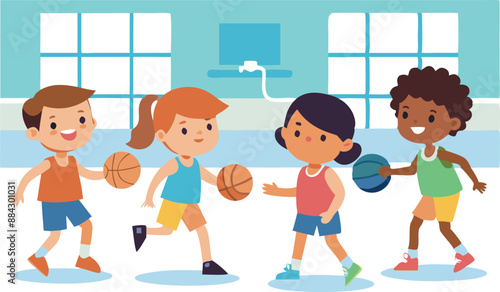 Group of children engaging in a basketball game indoors. Kids are having fun, socializing, and staying active in a sports environment.