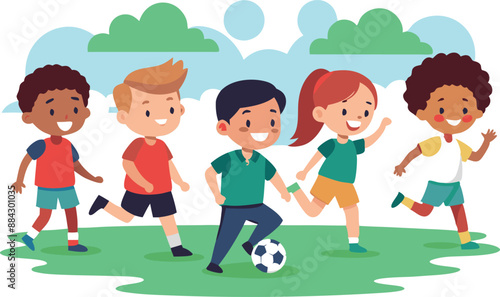 A group of diverse children having fun and playing soccer together in the park on a sunny day. They are running and smiling.