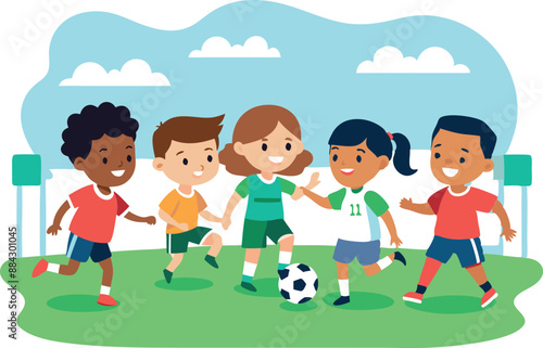 Group of happy children playing soccer together outdoors on a sunny day. Kids enjoying teamwork and exercise in a playful environment.