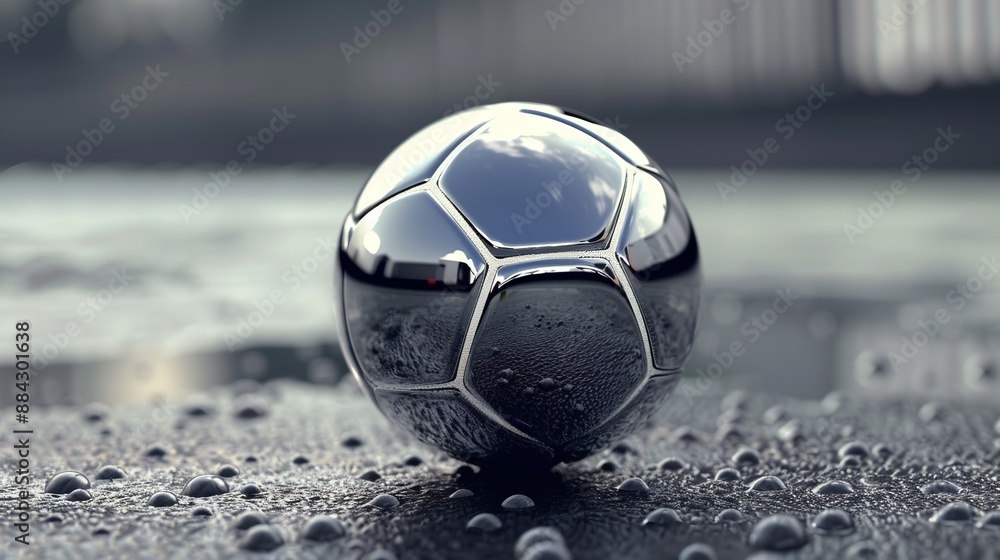 Naklejka premium A sleek and futuristic metallic soccer ball resting on a wet surface, reflecting light and showcasing a modern and elegant design aesthetic in sports equipment.