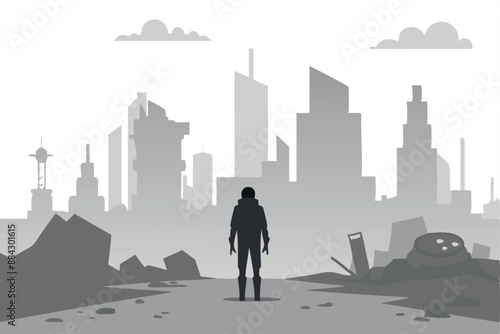 Monochrome illustration showing a lone person walking through a desolate, ruined city in a post-apocalyptic setting.