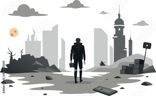 Silhouette of a lone individual navigating a desolate, post-apocalyptic urban landscape with abandoned, crumbling buildings and a bleak atmosphere.