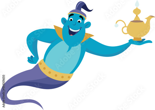 Colorful cartoon genie holding a magic lamp, cheerful and friendly. Perfect for fantasy, animation, or mythical content. Illustration of a happy genie ready to grant wishes.