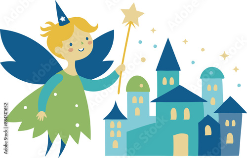 Colorful illustration of a fairy with wings holding a magic wand next to a whimsical castle. Perfect for children's stories, fantasy themes, and magical designs.