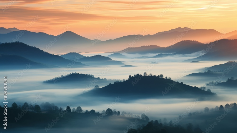 Fototapeta premium Hills shrouded in morning mist at sunrise, soft light and fog