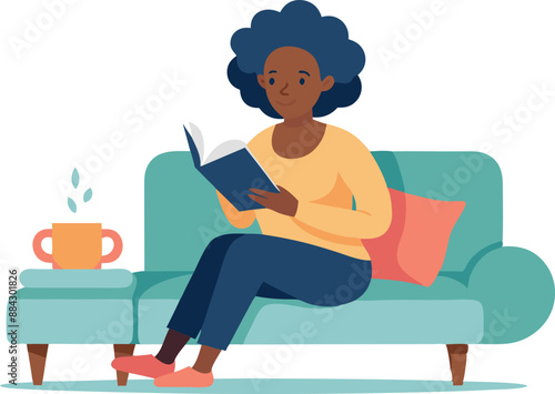 Woman relaxing on sofa with a book and coffee. Enjoying leisure time at home.