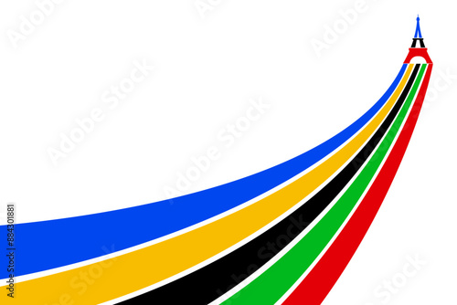 Colored Olympic Games rainbow lines flag converge in Eiffel Tower