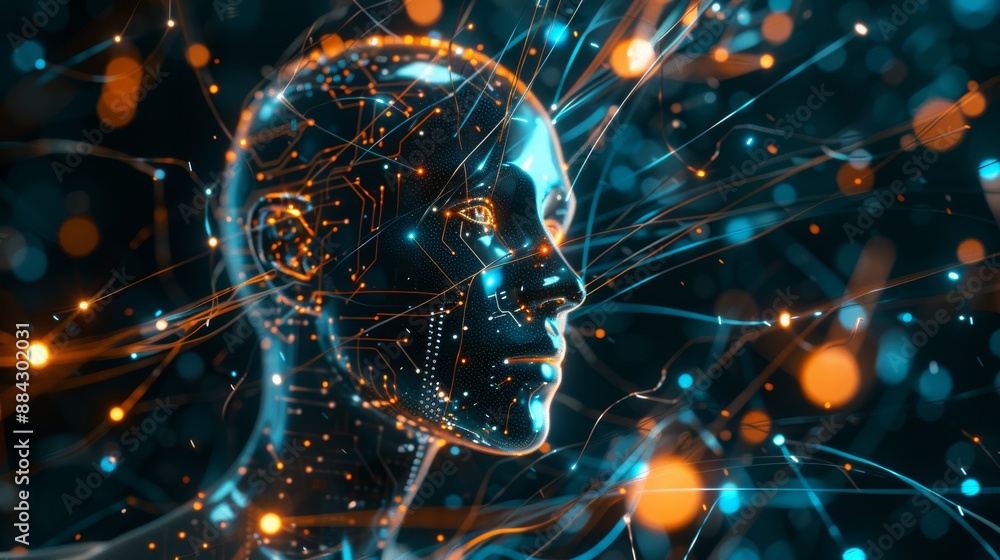 Humanoid head with glowing circuits and wires showcasing artificial intelligence Humanoid head with glowing circuits and wires showcasing artificial intelligence