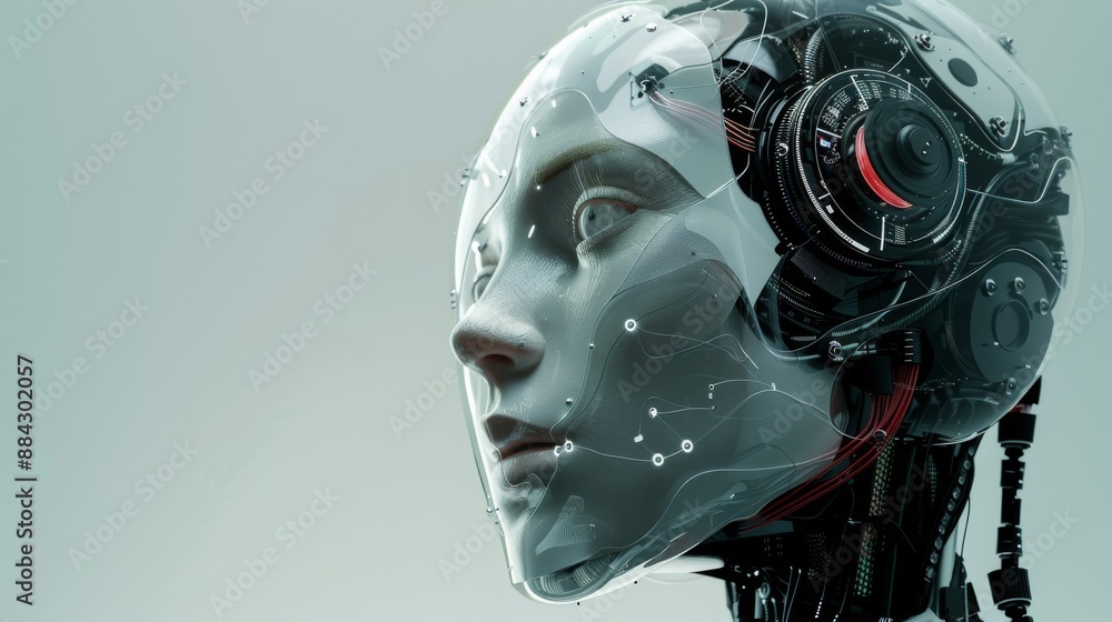 Humanoid head with transparent surface revealing AI systems Humanoid head with transparent surface revealing AI systems