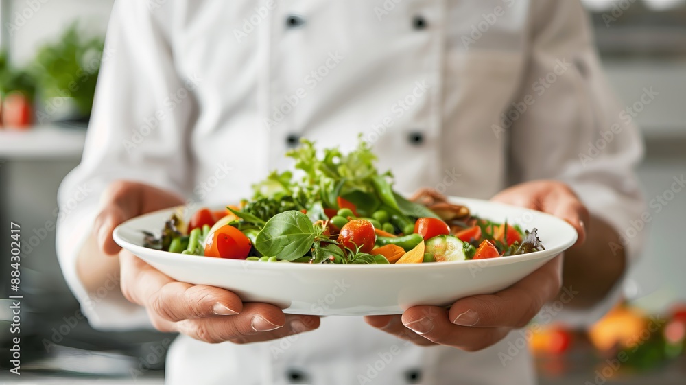 Chef holding a healthy fresh vegetable salad bowl, highlighting nutritious and organic ingredients for a wholesome meal. Chef holding a healthy fresh vegetable salad bowl, highlighting nutritious and organic ingredients for a wholesome meal.