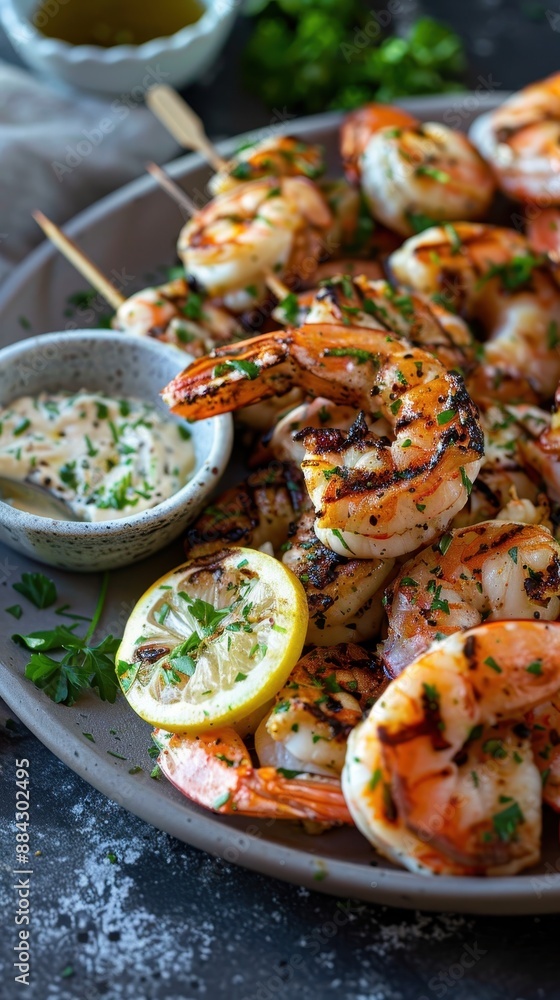 Grilled shrimp skewers served with lemon wedges and dipping sauce on a plate, perfect for a seafood-themed meal or summer barbecue. Grilled shrimp skewers served with lemon wedges and dipping sauce on a plate, perfect for a seafood-themed meal or summer barbecue.