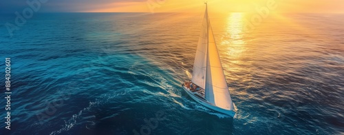 Sailing yacht in the open sea, wide angle view of a beautiful sky with cinematic sun rays