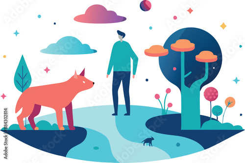 Abstract illustration featuring a man and a dog standing in a vibrant, fantasy landscape with trees and clouds