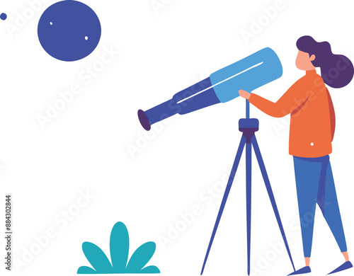 Colorful cartoon illustration of a person looking through a telescope at the night sky. Astronomy and star-gazing concept.